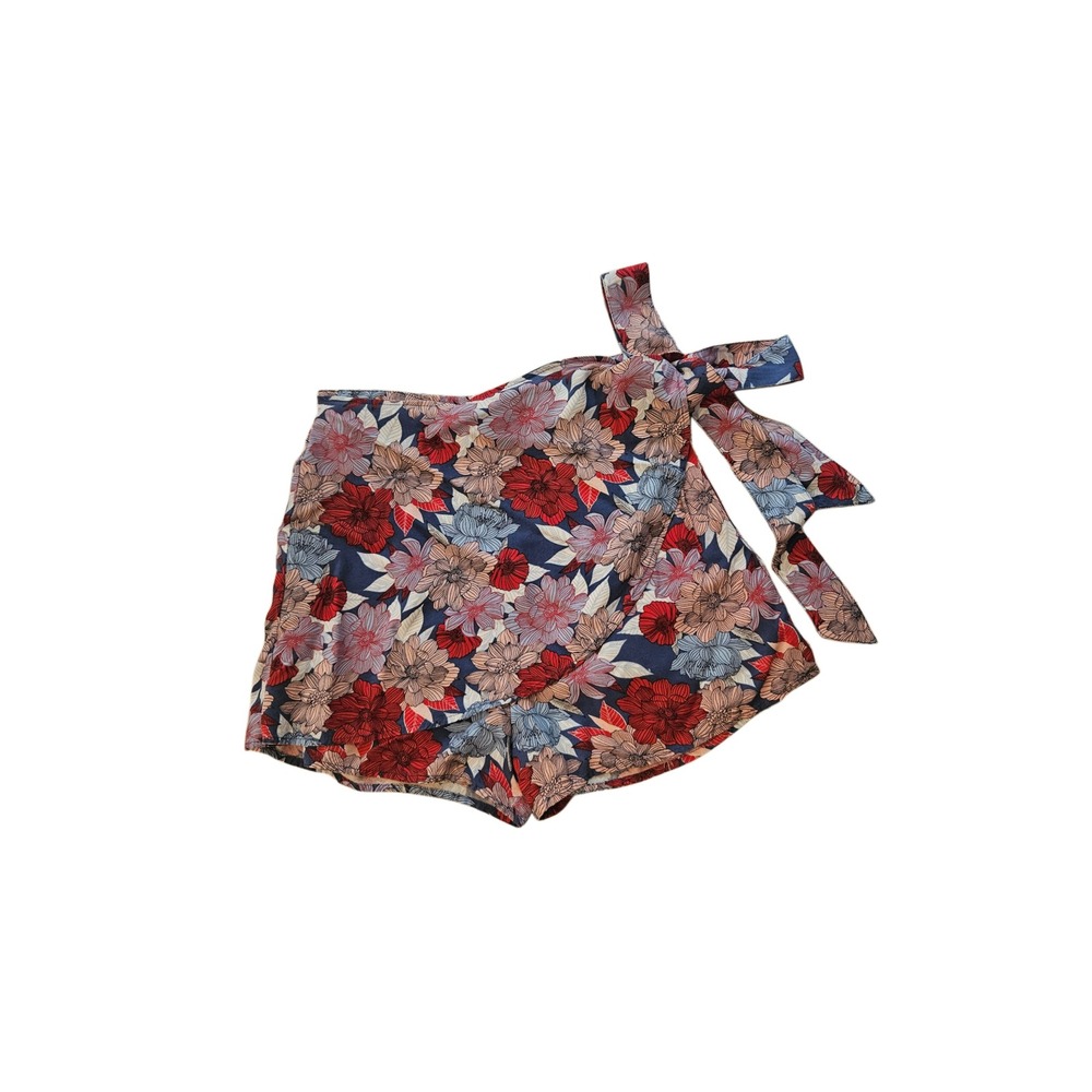 Japna Women's Floral Print Wrap Skort Size Small Red Blue Side Tie Shorts